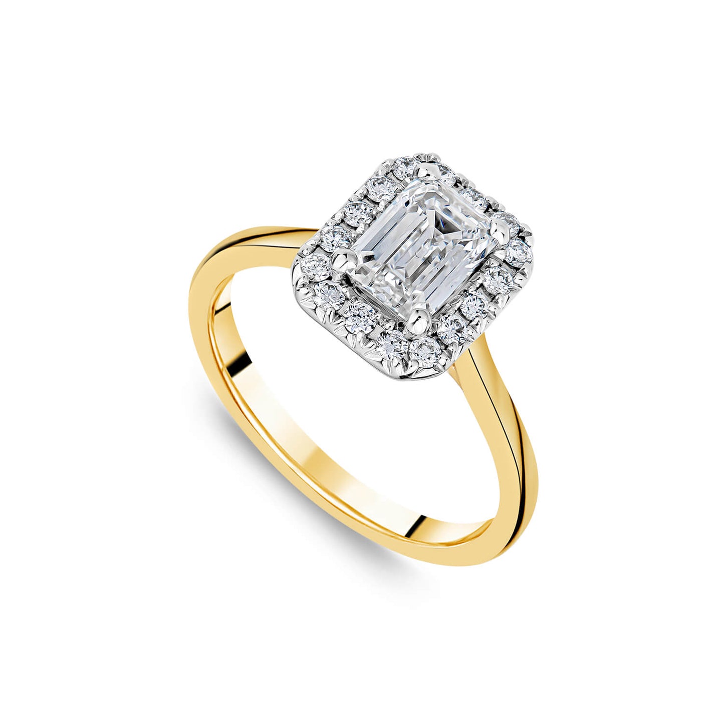 Born 18ct Yellow Gold 1.20ct Lab Grown Emerald Cut Halo Diamond Ring