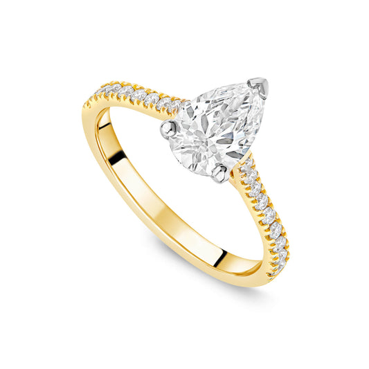 Born 18ct Yellow Gold 1.20ct Lab Grown Pear Solitiare & Diamond Sides Ring
