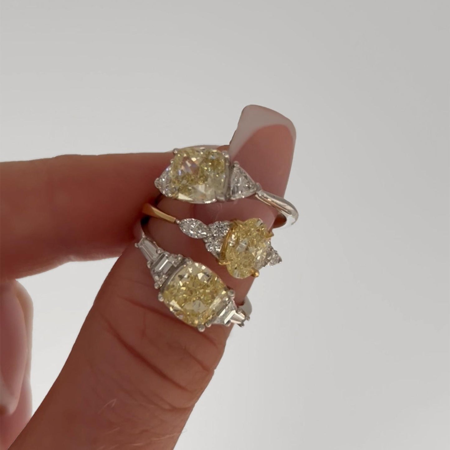 Born Platinum & 18ct YG 2.6ct Yellow Cushion Centre Tapered Shaped Lab Grown Diamond Sides Ring